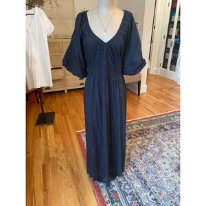 LOFT Black V Neck Smocked Waist Maxi Dress Puffed Sleeves Women's Size L